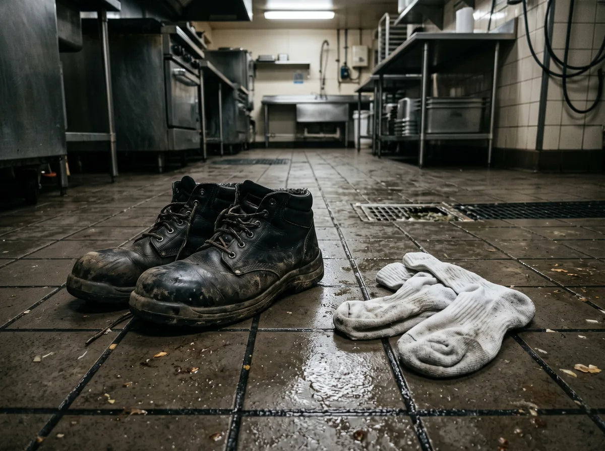 Anciennes chaussures de sécurité usées et chaussettes trempées sur un sol de cuisine