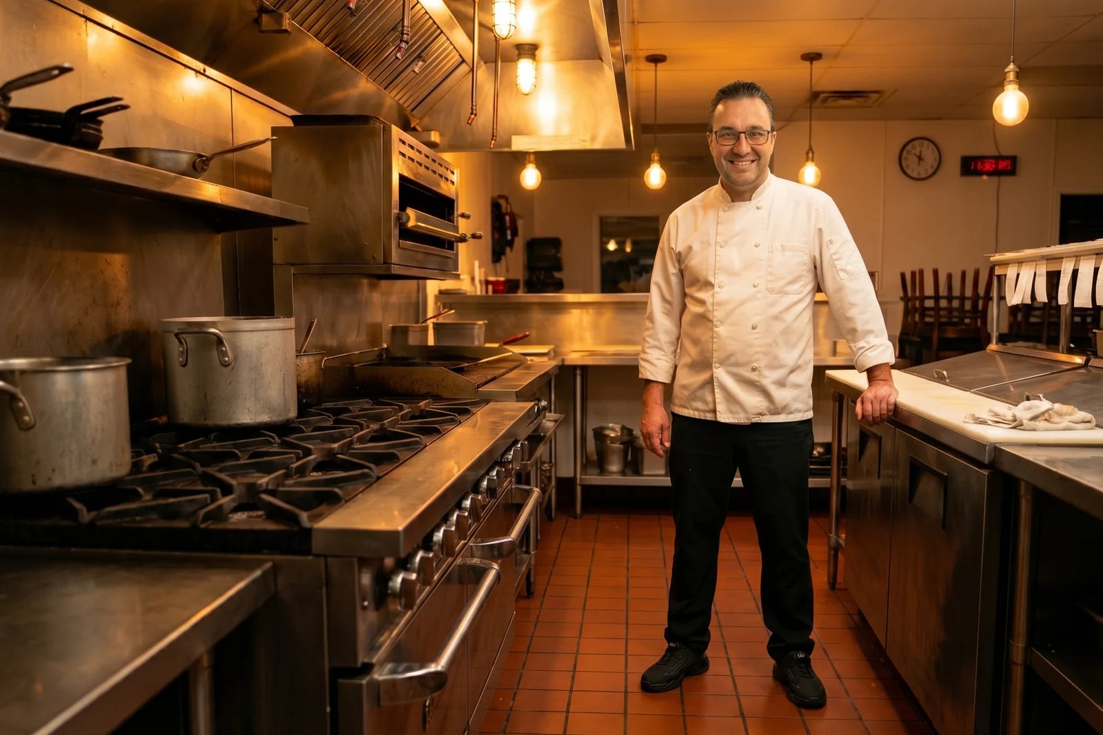Pascal, chef de cuisine, dans la cuisine de sa brasserie lyonnaise