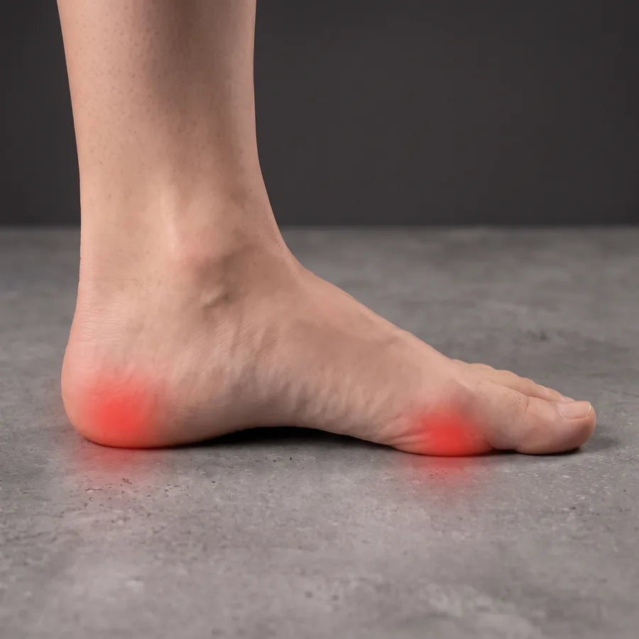 Pied posé à plat sur un sol dur, appui concentré sur le talon et l'avant du pied